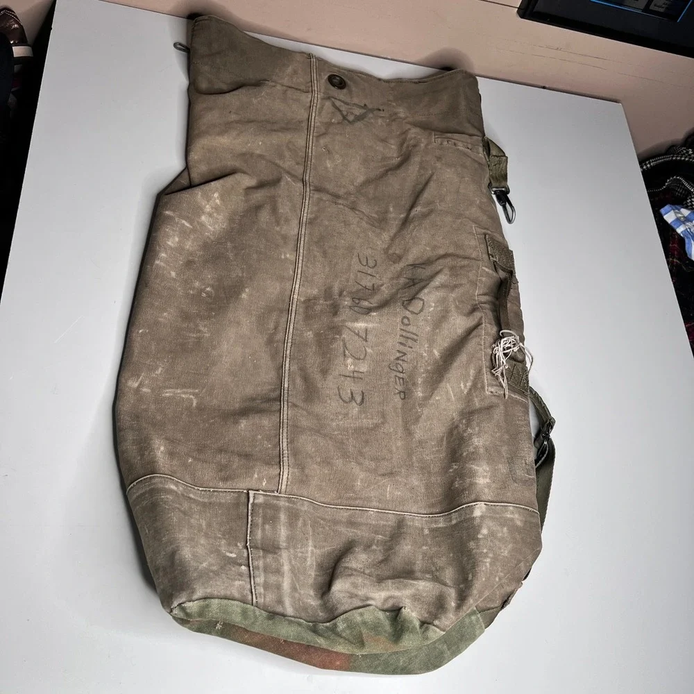 Vintage Military Canvas Duffle Bag Backpack Olive Drab Sea Bag Dollinger ID